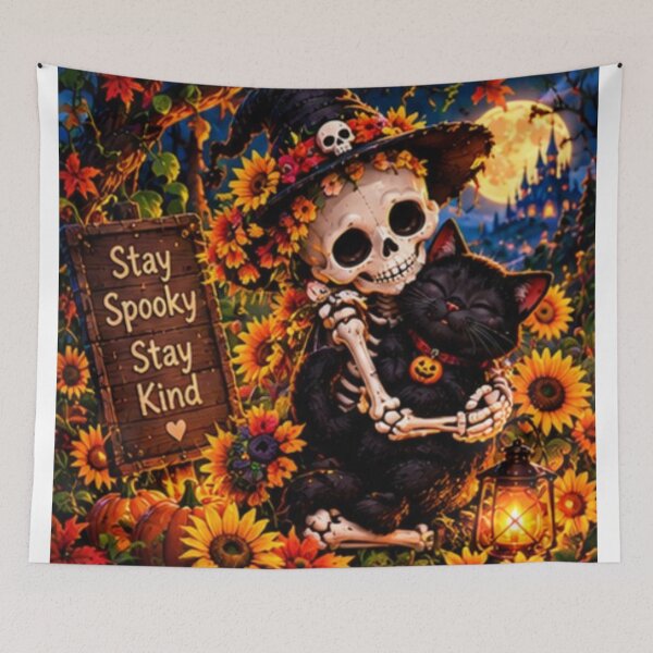 Item preview, Stay Spooky Stay Kind – Skeleton Witch Hugging Black Cat with Sunflowers designed and sold by SAMORA ORIGINALS.