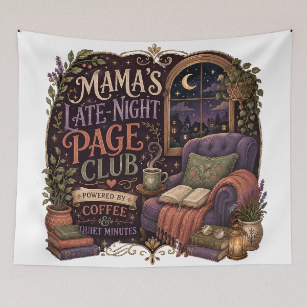 Item preview, Cozy Reading Nook Book Lover Coffee Art Mama's Late Night Page Club  designed and sold by inkoutninja.