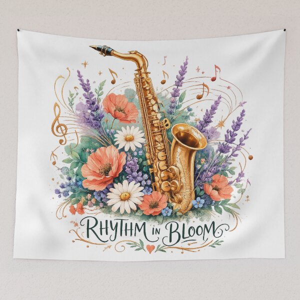 Item preview, Golden Saxophone Floral Jazz Music Watercolor Art Rhythm in Bloom Quote designed and sold by inkoutninja.