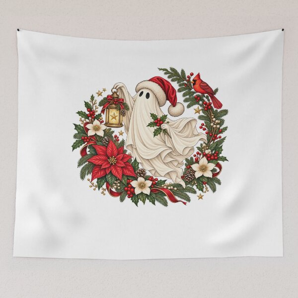 Item preview, Vintage Christmas Ghost with Cardinal and Poinsettia designed and sold by LandFinStudio.