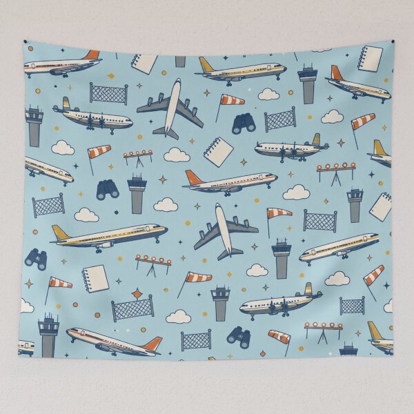 Item preview, Planespotting Pattern | Vintage Jet Airliners, Control Towers, Windsocks and Binoculars on Sky Blue designed and sold by NominalSystems.