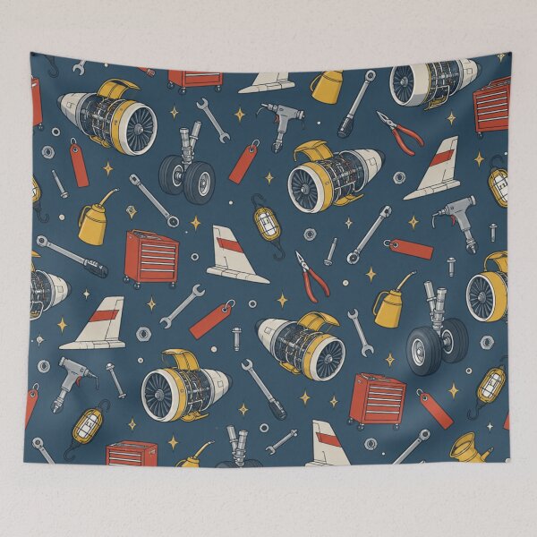 Item preview, Aviation Maintenance Pattern | Vintage Jet Engines, Toolboxes, Wrenches and Oil Cans on Steel Blue designed and sold by NominalSystems.