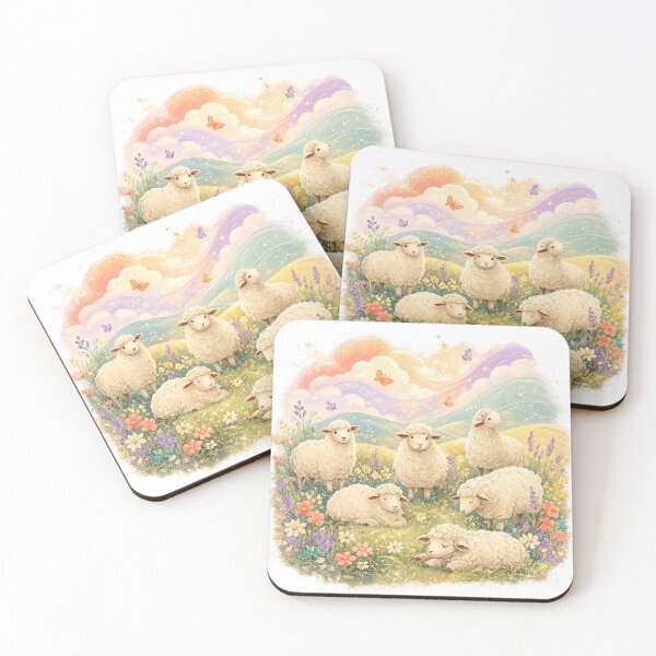 Item preview, Dreamy Pastel Sheep Meadow Cute Lambs Cottagecore Watercolor Art designed and sold by inkoutninja.
