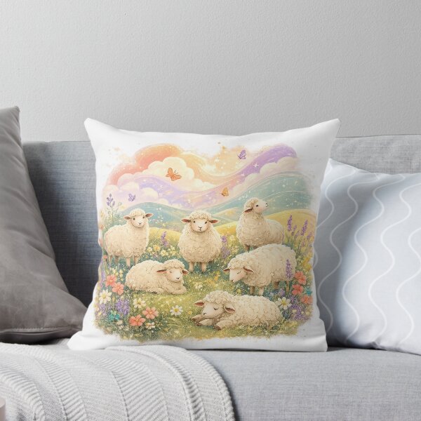 Item preview, Dreamy Pastel Sheep Meadow Cute Lambs Cottagecore Watercolor Art designed and sold by inkoutninja.