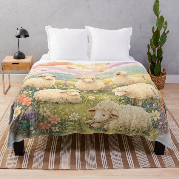 Item preview, Dreamy Pastel Sheep Meadow Cute Lambs Cottagecore Watercolor Art designed and sold by inkoutninja.