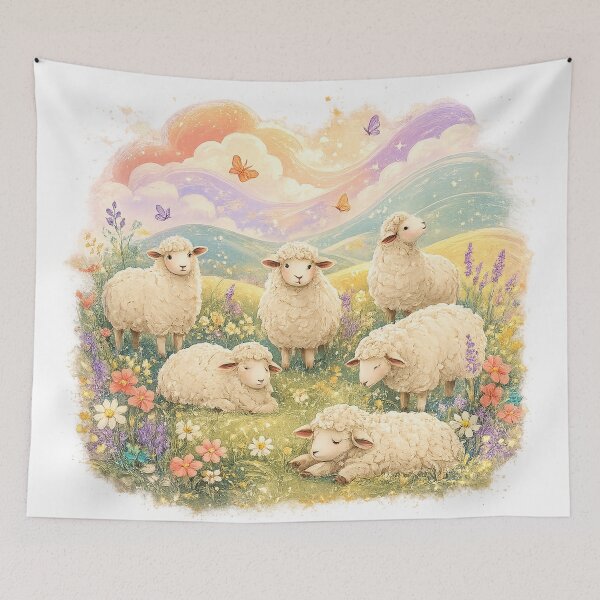 Item preview, Dreamy Pastel Sheep Meadow Cute Lambs Cottagecore Watercolor Art designed and sold by inkoutninja.