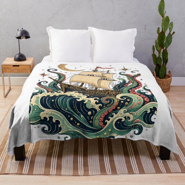Item preview, Moonlit Kraken Pirate Ship Fantasy Ocean Adventure Nautical Art designed and sold by inkoutninja.