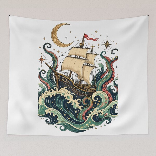 Item preview, Moonlit Kraken Pirate Ship Fantasy Ocean Adventure Nautical Art designed and sold by inkoutninja.