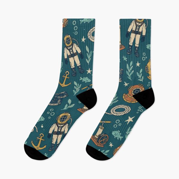 Item preview, Commercial Diving Pattern | Vintage Brass Diving Helmets, Hand Pumps, Anchors and Fish on Teal designed and sold by NominalSystems.