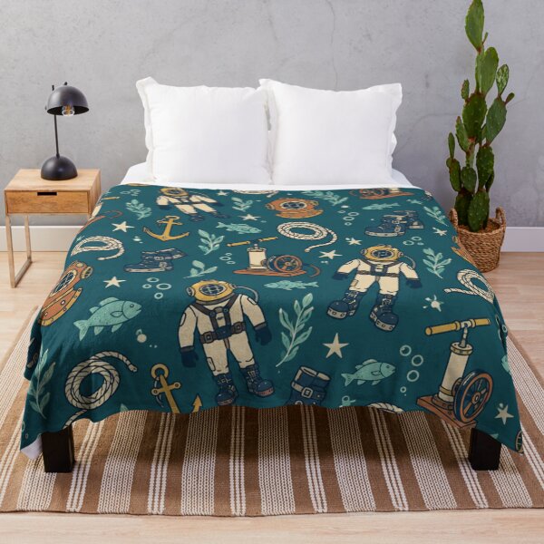 Item preview, Commercial Diving Pattern | Vintage Brass Diving Helmets, Hand Pumps, Anchors and Fish on Teal designed and sold by NominalSystems.