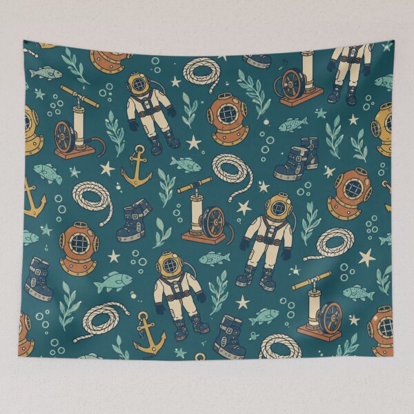 Item preview, Commercial Diving Pattern | Vintage Brass Diving Helmets, Hand Pumps, Anchors and Fish on Teal designed and sold by NominalSystems.