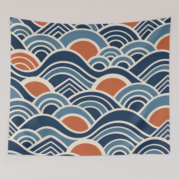 Item preview, Japanese Ocean Waves Terracotta Orange Blue Seamless Pattern designed and sold by Shivora Studio.