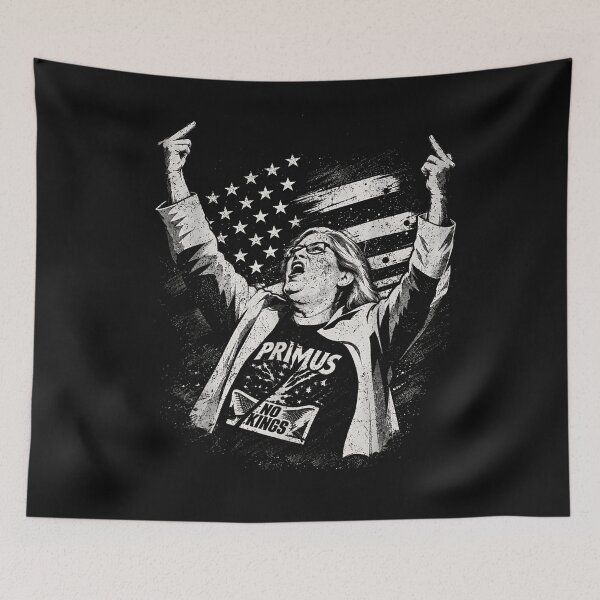 Item preview, No Kings Distressed USA Flag Quote Black White Defiant Woman Middle Finger Adult Graphic designed and sold by SockaArt1.