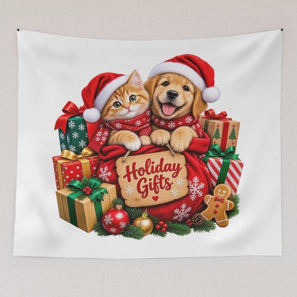 Item preview, Holiday Gifts – Cute Christmas Cat and Puppy with Festive Presents designed and sold by sakijaso.