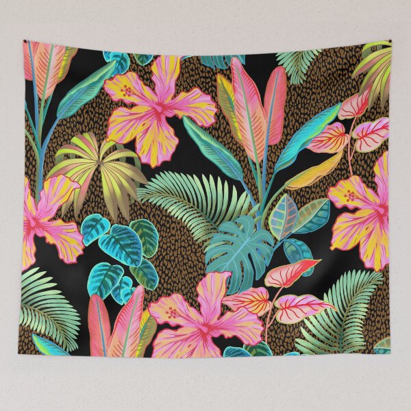 Item preview, Vibrant Colorful Tropical Pattern Set against a Dark Leopard Print A-Line Dress designed and sold by HHS26.