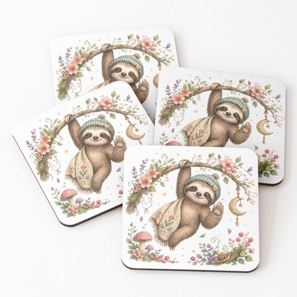 Item preview, Cozy Hanging Sloth Whimsical Woodland Cottagecore Floral Animal Art designed and sold by inkoutninja.