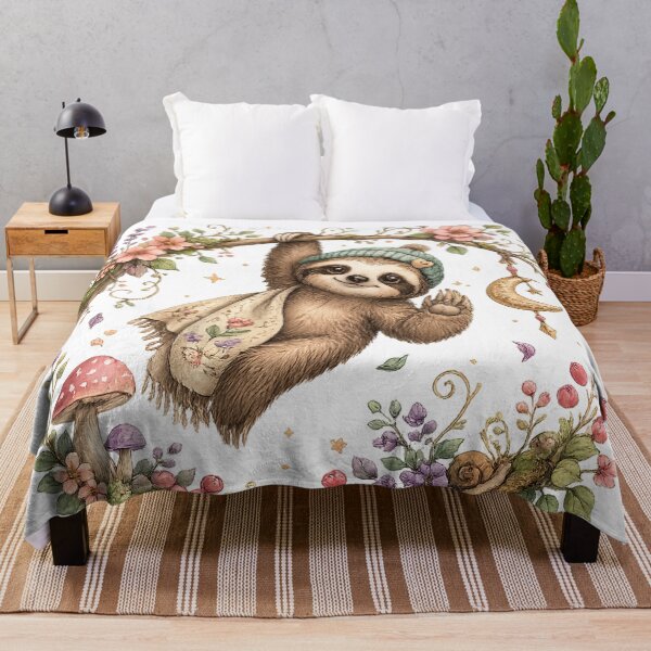 Item preview, Cozy Hanging Sloth Whimsical Woodland Cottagecore Floral Animal Art designed and sold by inkoutninja.