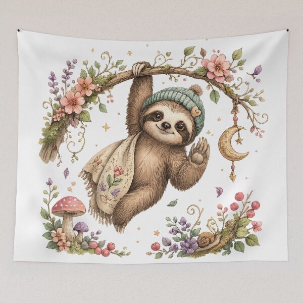 Item preview, Cozy Hanging Sloth Whimsical Woodland Cottagecore Floral Animal Art designed and sold by inkoutninja.