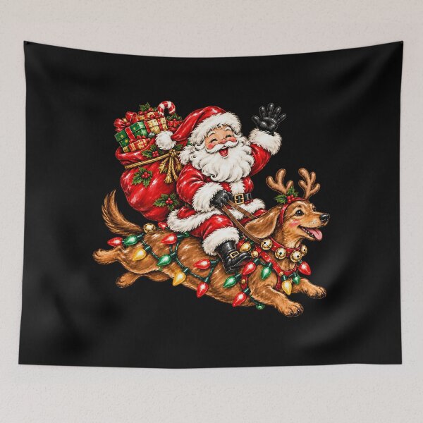 Item preview, Santa Riding Dachshund Wrapped in Christmas Lights designed and sold by MiteKangerin.