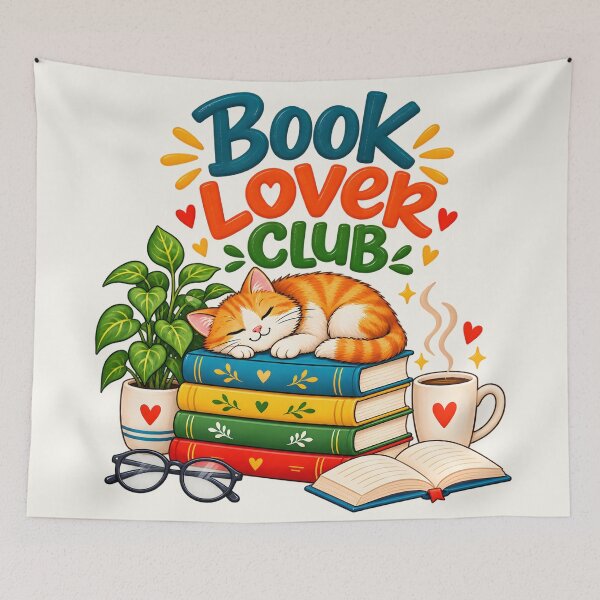 Item preview, Cozy Book Lover Club sleeping cat and coffee books reading aesthetic designed and sold by MCV-Designs.