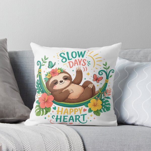 Item preview, Slow Days Happy Heart Cute Sloth Tropical Hammock Positive Vibes Art designed and sold by inkoutninja.