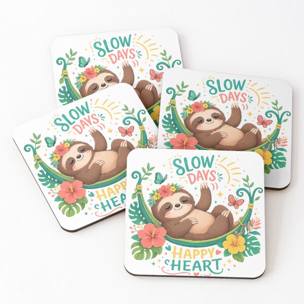 Item preview, Slow Days Happy Heart Cute Sloth Tropical Hammock Positive Vibes Art designed and sold by inkoutninja.