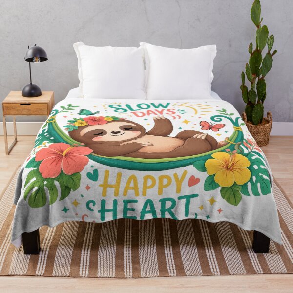 Item preview, Slow Days Happy Heart Cute Sloth Tropical Hammock Positive Vibes Art designed and sold by inkoutninja.