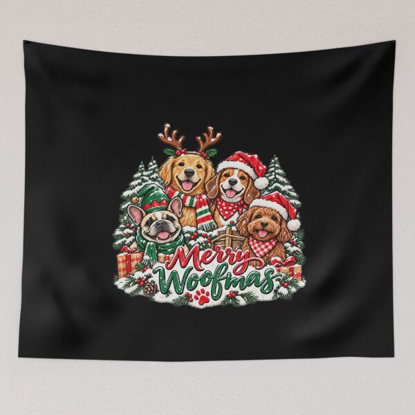 Item preview, Four Christmas Dogs Among Snowy Evergreen Trees designed and sold by MiteKangerin.