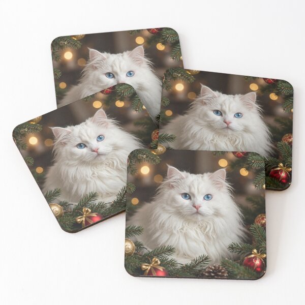 Item preview, Fluffy White Cat in Christmas Tree.Cute Blue Eyed Cat Holiday Art. designed and sold by Deepsleepstudio.