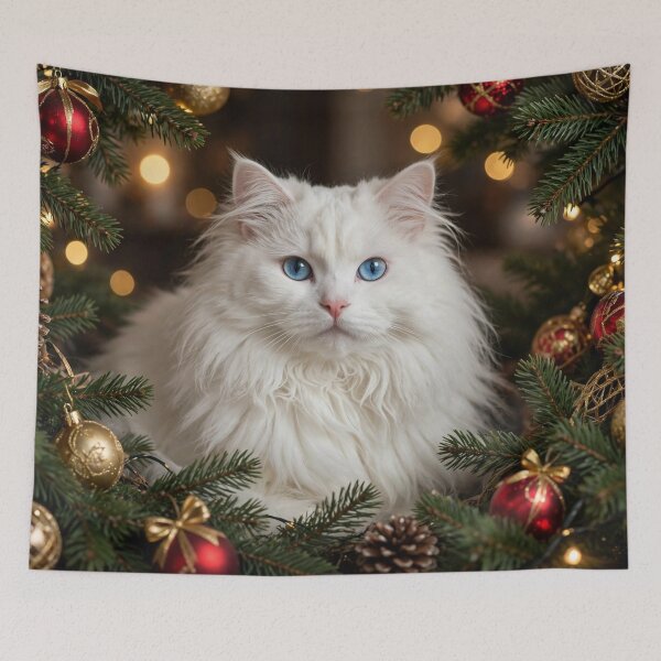 Item preview, Fluffy White Cat in Christmas Tree.Cute Blue Eyed Cat Holiday Art. designed and sold by Deepsleepstudio.