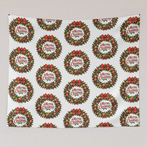 Item preview, Merry Christmas Wreath with Red Bow Pine Branches and Ornaments designed and sold by QuiteOrbit.