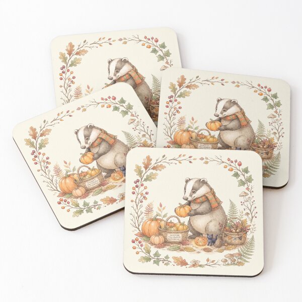 Item preview, Cute Badger Halloween Pumpkin Gathering Vintage Woodland Watercolor Illustration designed and sold by Pasteltone.