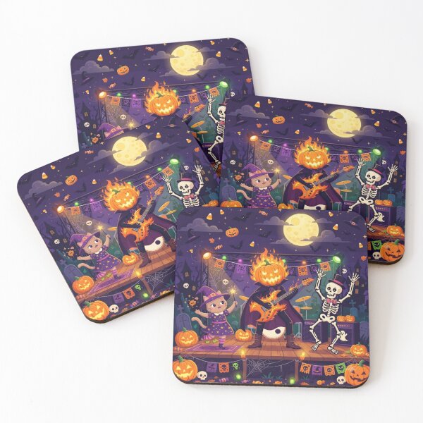 Item preview, Spooky Halloween Rock Concert Art with Pumpkin Guitarist, Witch Cat, and Dancing Skeleton designed and sold by SAMORA ORIGINALS.