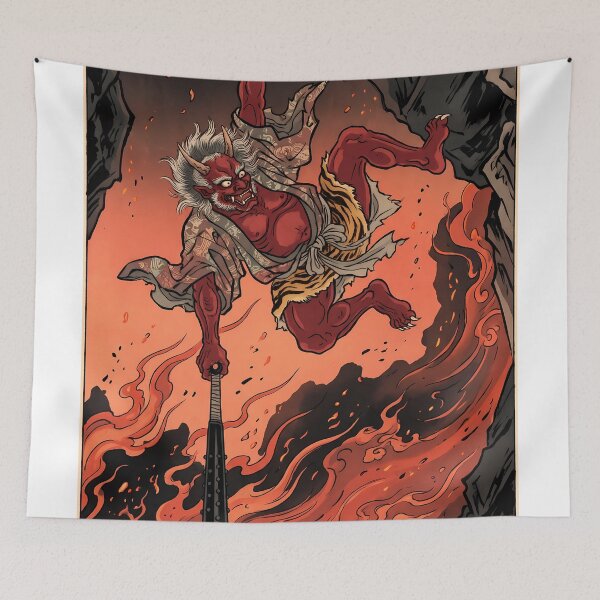 Item preview, Fierce Red Oni Demon Hanging Upside Down designed and sold by TokyoUkiyoHouse.