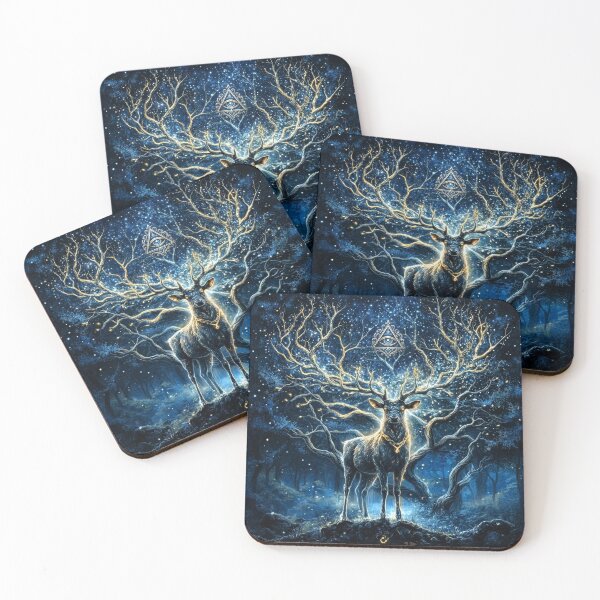 Item preview, Celestial Stag Golden Antlers Starry Enchanted Forest Art designed and sold by Virtuoussignal.