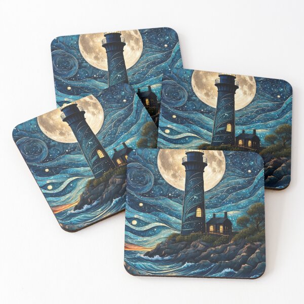 Item preview, Starry Night Lighthouse Full Moon Ocean Waves Coastal Art designed and sold by Virtuoussignal.