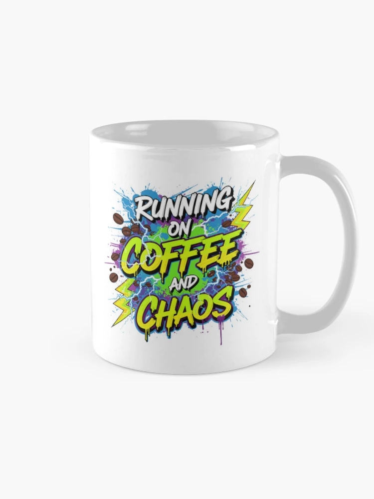 Running On Coffee And Chaos Neon Green Graffiti Paint Splash on a Mug