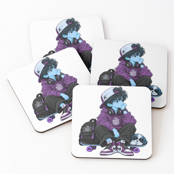 Item preview, Good Vibes Anime Boy with Puppy – Purple Streetwear Aesthetic designed and sold by CreativeSoulStudio.