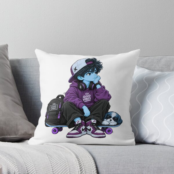 Item preview, Good Vibes Anime Boy with Puppy – Purple Streetwear Aesthetic designed and sold by CreativeSoulStudio.