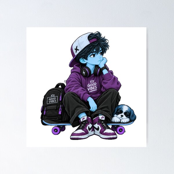 Item preview, Good Vibes Anime Boy with Puppy – Purple Streetwear Aesthetic designed and sold by CreativeSoulStudio.