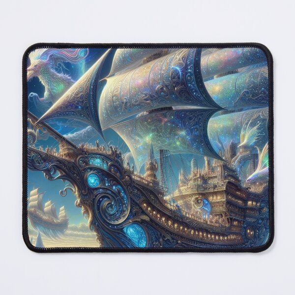 Item preview, Magical Flying Ship Iridescent Sails Dragons Aurora Fantasy Art designed and sold by Virtuoussignal.