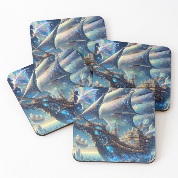 Item preview, Magical Flying Ship Iridescent Sails Dragons Aurora Fantasy Art designed and sold by Virtuoussignal.