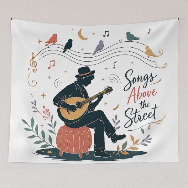 Item preview, Songs Above the Street Vintage Musician Guitar and Songbirds Art designed and sold by inkoutninja.