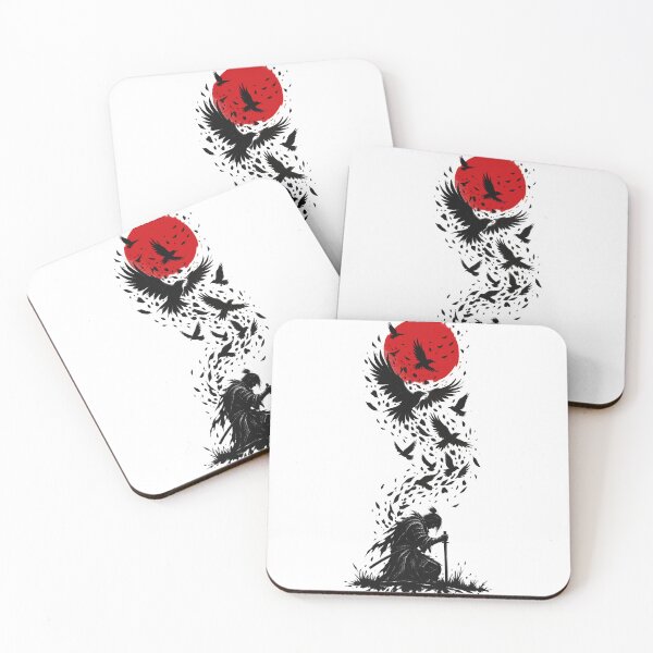 Item preview, Kneeling Samurai and Crows Red Moon Ink Art designed and sold by codex401.