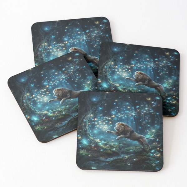 Item preview, Majestic Lion Chasing Glowing Butterflies Enchanted Dark Forest Art designed and sold by SAMORA ORIGINALS.