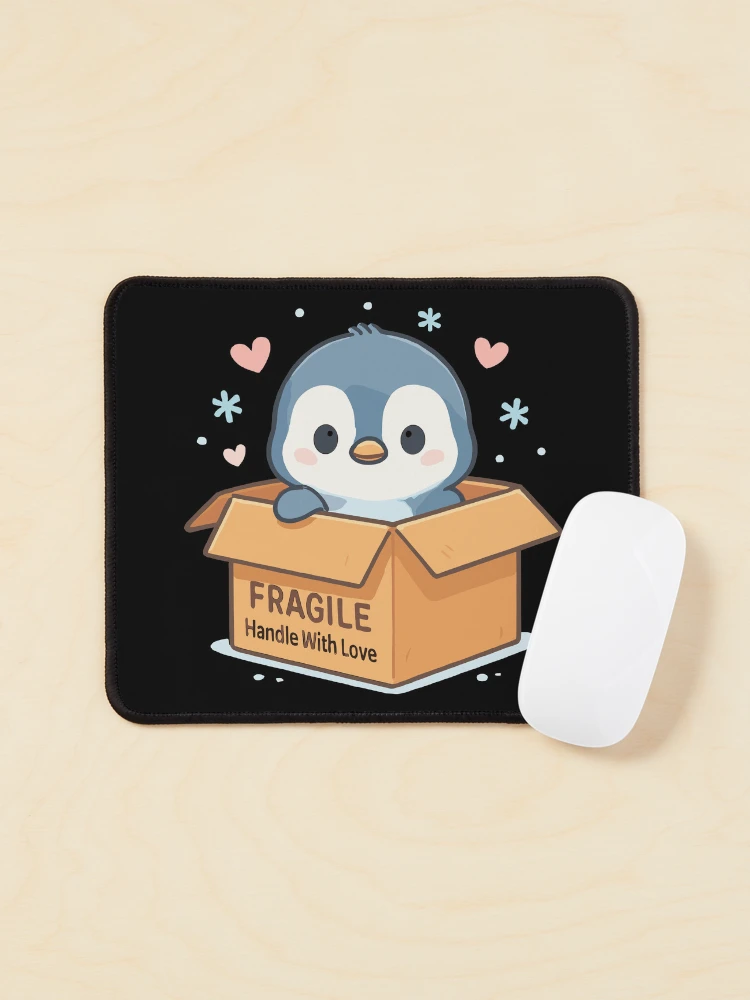 Fragile Handle With Love Cute Penguin In A Cardboard Box on a Mouse pad