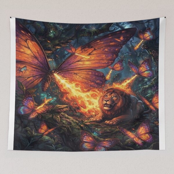 Item preview, Giant Fire-Breathing Butterflies Surrounding Frightened Lion Fantasy Art designed and sold by SAMORA ORIGINALS.