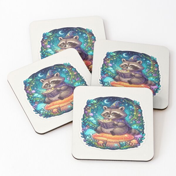Item preview, Cute Wizard Raccoon Reading Arcane Lore Spell Book in Glowing Forest Art designed and sold by SAMORA ORIGINALS.