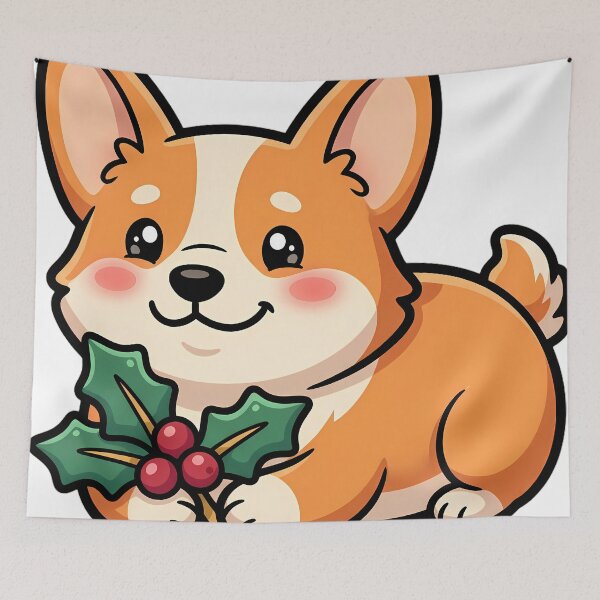 Item preview, Cute Christmas Corgi Lying Down Holding a Small Holly Sprig designed and sold by pumsquare.