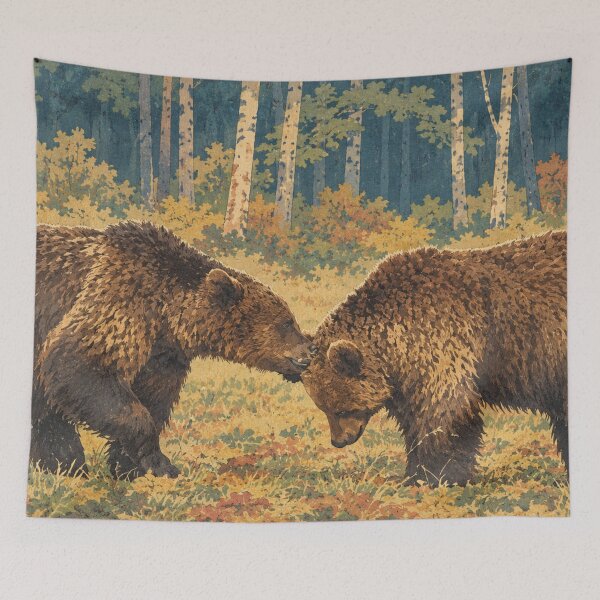 Item preview, Two Brown Bears in Autumn Birch Forest Vintage Wildlife Nature Art designed and sold by BLUESKY11a.